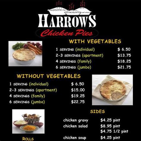 Harrows chicken - Add a photo. 11 photos. It's worth coming to this restaurant for good chicken pies, chicken meat and rolls. A lot of guests suppose that you can order perfectly cooked apple pie here. The knowledgeable staff shows a high level of quality at Harrows Chicken Pies. Enjoyable service is something clients agree upon here.